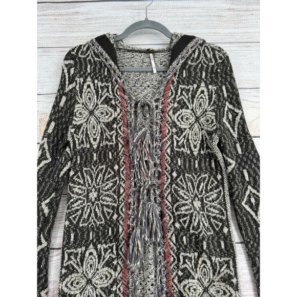 Free People Hooded Floral Tie Front Duster Cardigan Sweater Womens XS Black Gray - Picture 3 of 13
